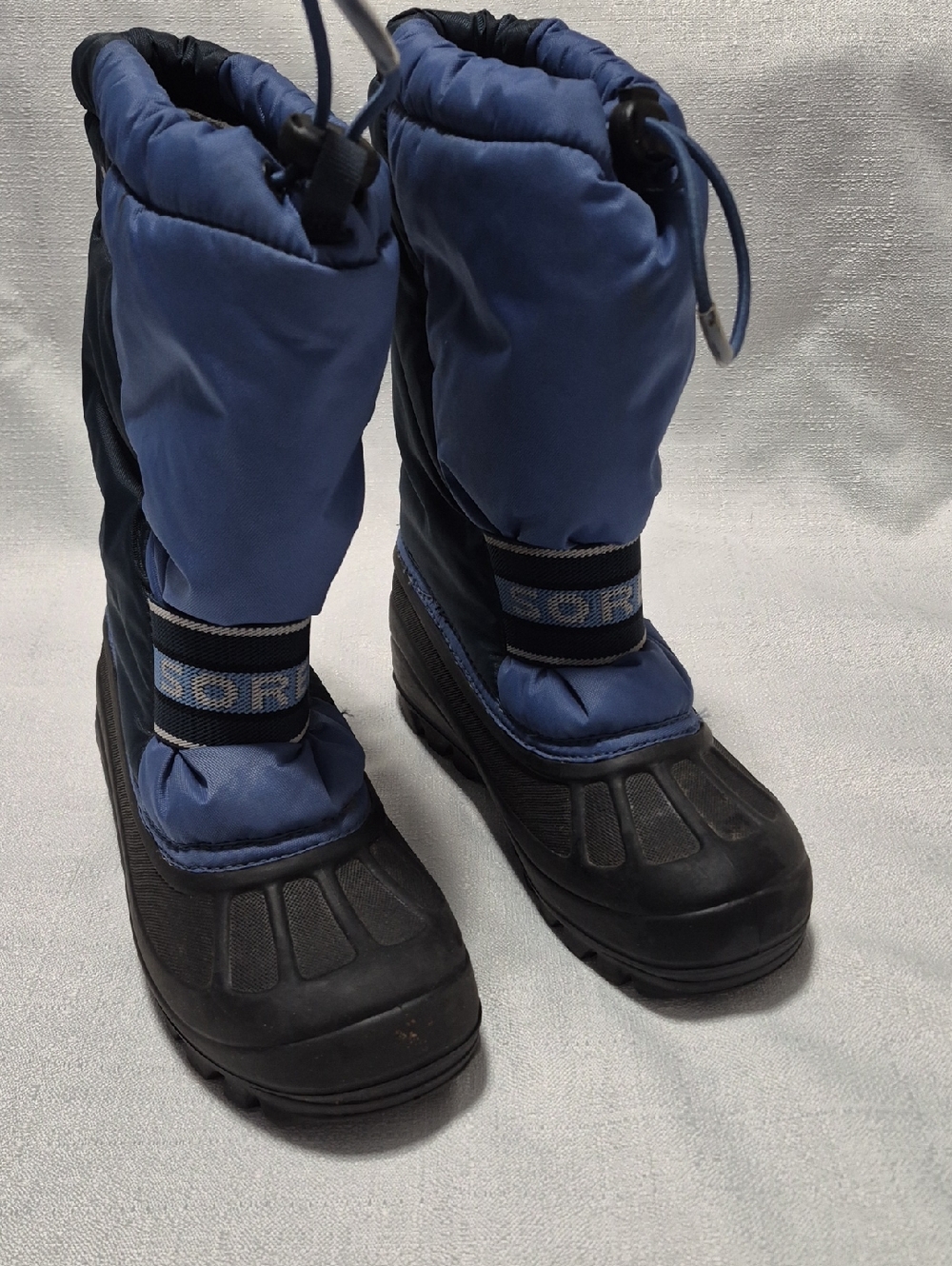 Sorel Blue Winter Snow Boots Black Rubber Sole Adjustable Drawstring Kids Size 3